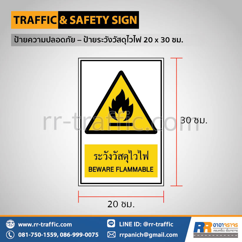 ป้ายความปลอดภัย – ป้ายระวังวัสดุไวไฟ 20 x 30 ซม.